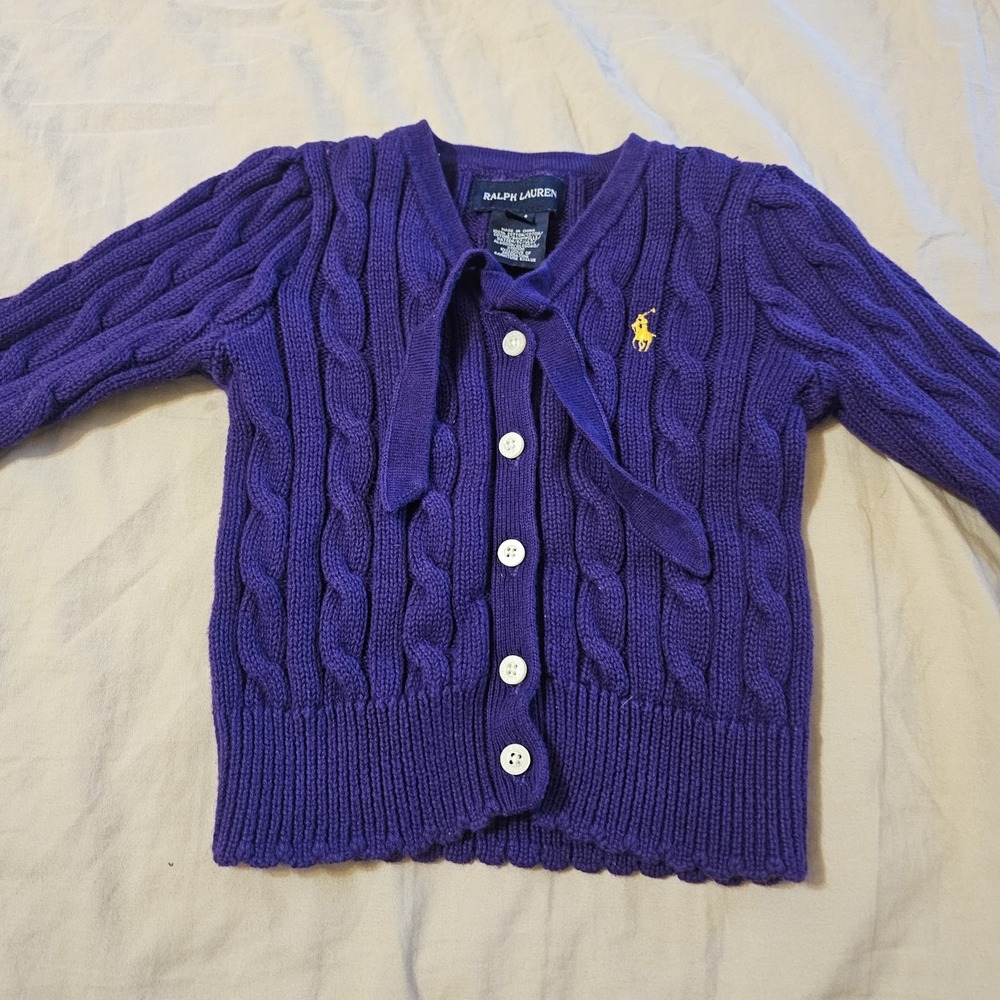 RALPH LAUREN Kids Cable Knit Embroidered Pony Cardigan Sweater 9M Purple W/bow